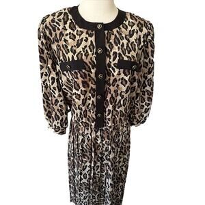 Vintage Leopard Formal Dress Preppy Shoulder Pads Brown Black 3/4 Sleeve Size L